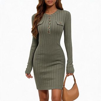 Women Ribbed Knit Long Sleeve Bodycon Mini Dresses Crew Neck Party Cocktail Fall Winter Short Dress