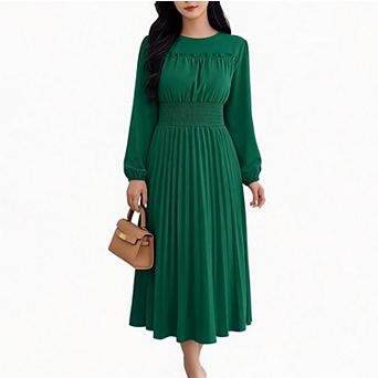 Womens Casual Long Sleeve Maxi Dresses Flowy Smocked High Waist Crew Neck Pleated Work Dress