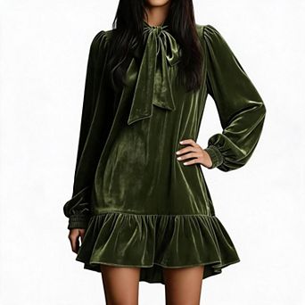 Womens Long Sleeve Casual Velvet Mini Dress Fall Tie Neck Ruffle Hem Babydoll Short Dress