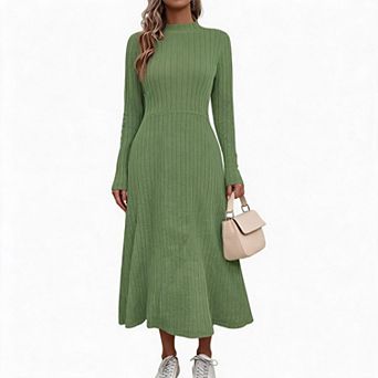 Women's Long Sleeve Midi Dress Fall Casual Crew Neck Ribbed Knit A Line Flowy Dresses