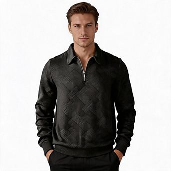 Men Quilted Half Zip Polo Sweatshirt Textured Collared Pullover For Business Casual Daily Wear