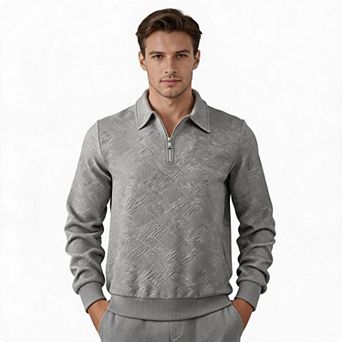 Men Quilted Half Zip Polo Sweatshirt Textured Collared Pullover For Business Casual Daily Wear
