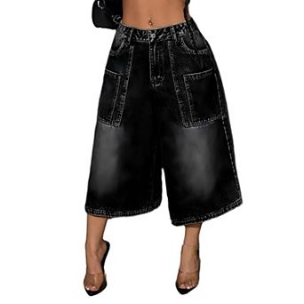 Women's Wide Leg Cargo Jeans Baggy Trendy Casual High Waisted Streetwear Denim Cropped Pants