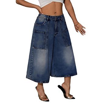 Women's Wide Leg Cargo Jeans Baggy Trendy Casual High Waisted Streetwear Denim Cropped Pants