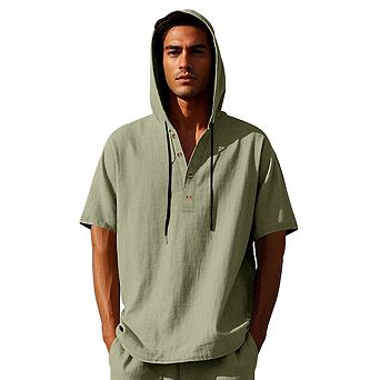 Men Hooded Half Button Short Sleeve Henley Shirt Drawstring Loose Summer Beach Casual Tops