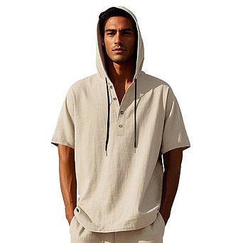Men Hooded Half Button Short Sleeve Henley Shirt Drawstring Loose Summer Beach Casual Tops