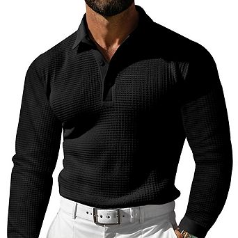 Men Waffle Knit Long Sleeve Polo Shirt Collar Half Button Slim Golf Casual Tops
