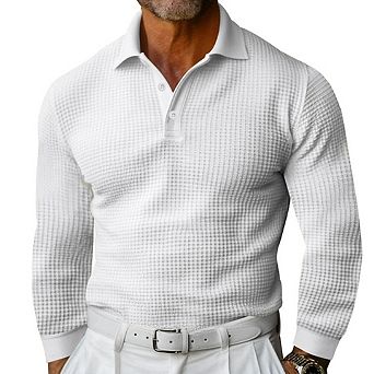 Men Waffle Knit Long Sleeve Polo Shirt Collar Half Button Slim Golf Casual Tops