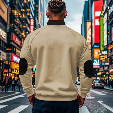 Men Fleece Lined Half Zip Stand Collar Sweatshirt Elbow Patch Raglan Sleeve Pullover Casual Daily