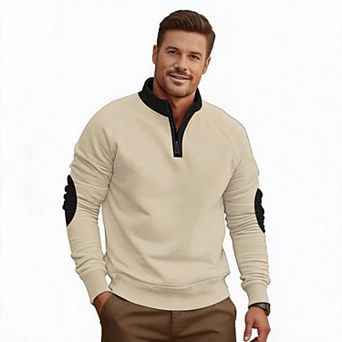 Men Fleece Lined Half Zip Stand Collar Sweatshirt Elbow Patch Raglan Sleeve Pullover Casual Daily