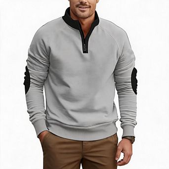Men Fleece Lined Half Zip Stand Collar Sweatshirt Elbow Patch Raglan Sleeve Pullover Casual Daily