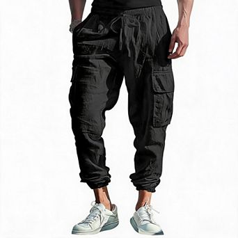 Men Drawstring Jogger Cargo Pants Lightweight Tapered Casual Trousers For Beach Travel Daily Outfits