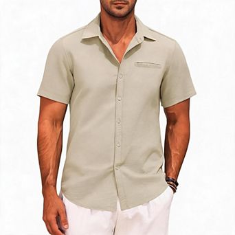 Men Short Sleeve Button Down Casual Shirt Point Collar Pocket Loose Fit Top for Beach Vacation Daily