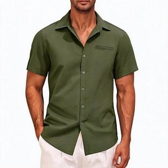 Men Short Sleeve Button Down Casual Shirt Point Collar Pocket Loose Fit Top for Beach Vacation Daily