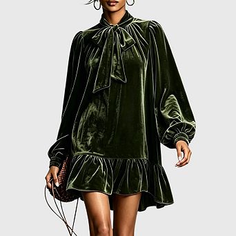 Womens Velvet Mini Dress Tie Neck Puff Sleeve Ruffle Hem Babydoll Party Wedding Guest Dress
