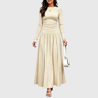 Womens Fall Maxi Dress Casual Stretch Long Sleeve Crewneck A Line Flowy Long Dress