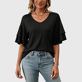 Womens V Neck Short Ruffle Sleeve T Shirts Summer Casual Loose Fit Knit Tops Blouses