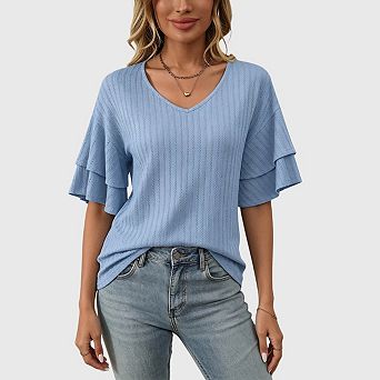 Womens V Neck Short Ruffle Sleeve T Shirts Summer Casual Loose Fit Knit Tops Blouses