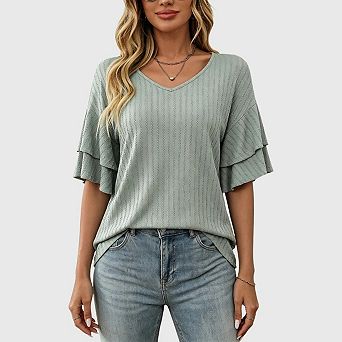 Womens V Neck Short Ruffle Sleeve T Shirts Summer Casual Loose Fit Knit Tops Blouses