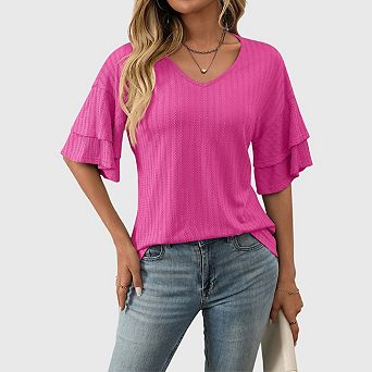 Womens V Neck Short Ruffle Sleeve T Shirts Summer Casual Loose Fit Knit Tops Blouses