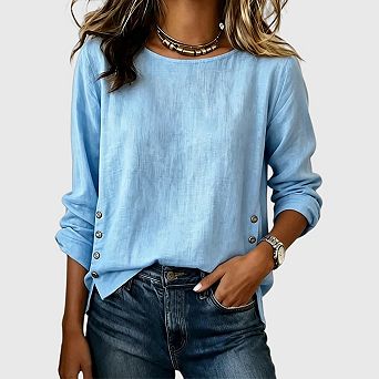 Women's Linen Tops Casual Crewneck Roll Up Sleeve Button Trendy Blouses Shirt