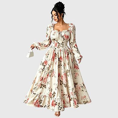 Women's Plus Size Milkmaid Maxi Dress Puff Sleeve Square Neck Tie Front Split A-Line Boho Dress