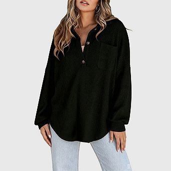 Women Waffle Knit Henley Shirts Long Sleeve V Neck Solid Color Casual Tunic Tops
