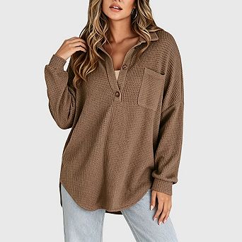 Women Waffle Knit Henley Shirts Long Sleeve V Neck Solid Color Casual Tunic Tops