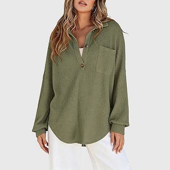 Women Waffle Knit Henley Shirts Long Sleeve V Neck Solid Color Casual Tunic Tops