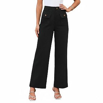 Women Pants Button Fly Flap Pocket High Waist Straight Wide Leg Casual Chino Trousers