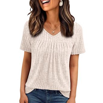 Women V Neck Short Sleeve Ribbed Knit Top Loose Pleated Casual T Shirt Blouse