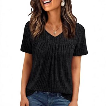 Women V Neck Short Sleeve Ribbed Knit Top Loose Pleated Casual T Shirt Blouse