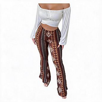 Women Boho Printed High Waist Pants Stretch Slim Fit Bell Bottom Casual Long Trousers