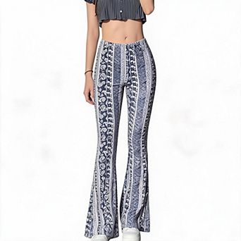 Women Boho Printed High Waist Pants Stretch Slim Fit Bell Bottom Casual Long Trousers