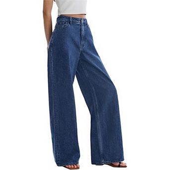 Women 100% Cotton High Waist Wide Leg Jeans Light Wash Loose Straight Full Length Denim Pants