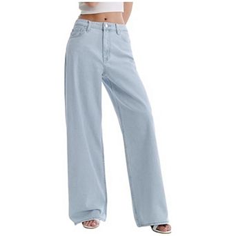Women 100% Cotton High Waist Wide Leg Jeans Light Wash Loose Straight Full Length Denim Pants