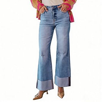 Women High Waist Cuffed Wide Leg Jeans Washed Stretch Roll Hem Straight Denim Pants