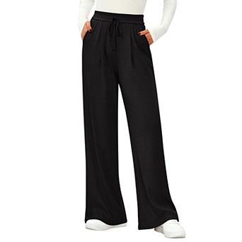 Women Knit Wide Leg Pants Elastic Drawstring Waist Loose Casual Long Sweatpants with Pockets
