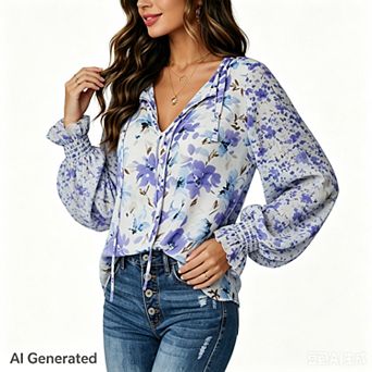 Women's Casual Boho Floral Print v Neck Long Sleeve Drawstring Tops Loose Blouses Button Down Shirts