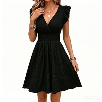 Women's v Neck Pleated Slim Fit Solid Color Sleeveless Ruffle Elegant Holiday Beach Midi Dress