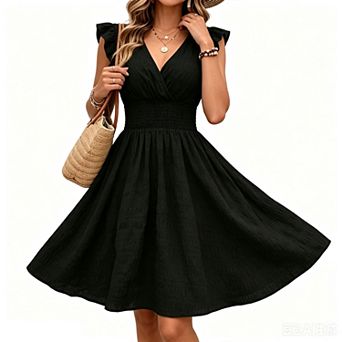 Women's Summer Ruffle v Neck Sleeveless Tiered a Line Casual Boho Beach Mini Dress