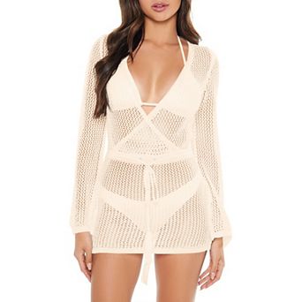 Women Swimsuit Crochet Long Sleeve v Neck Beach Back Drawstring Knit Bathing Suits Cover Ups Bikini