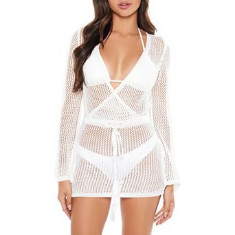 Women Swimsuit Crochet Long Sleeve v Neck Beach Back Drawstring Knit Bathing Suits Cover Ups Bikini