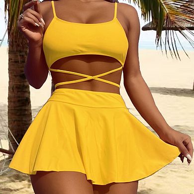 Women Solid Split Cutout Bikini Set Skirted High Waist Two Piece Swim Dress