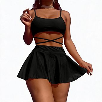 Women Solid Split Cutout Bikini Set Skirted High Waist Two Piece Swim Dress