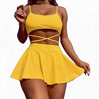 Women Solid Split Cutout Bikini Set Skirted High Waist Two Piece Swim Dress