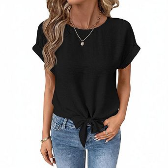 Women Top Crew Neck Roll Cuff Side Tie Knot Short Sleeve Loose Everyday Blouse