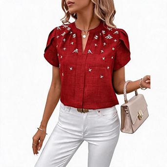 Women Top Mandarin Split Neck Floral Embroidery Petal Short Sleeve Cropped Blouse