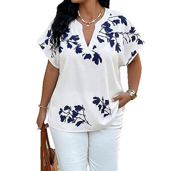 Women Top Notch V Neck Floral Print Dolman Short Sleeve Plus Size Loose Vacation Blouse