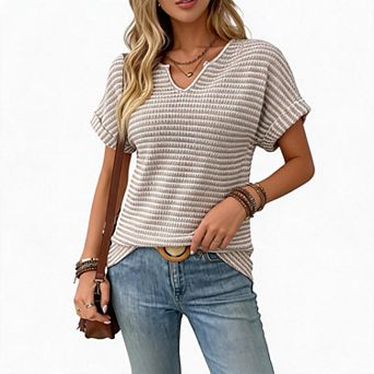 Women Top V Neck Striped Textured Knit Dolman Short Sleeve Irregular Hem Casual Tee